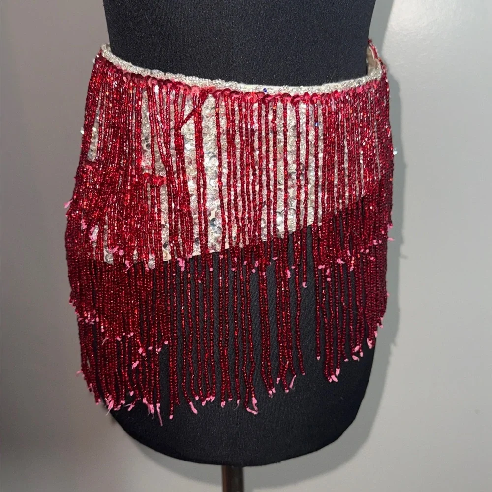 Vintage Beaded Burlesque Fringe Belt | Showgirl Stage Costume | Red & Silver